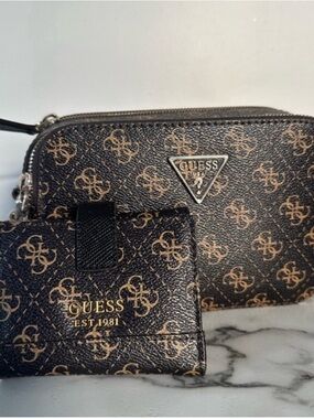 GUESS Brown and Tan Monogram Wallet & Purse Set